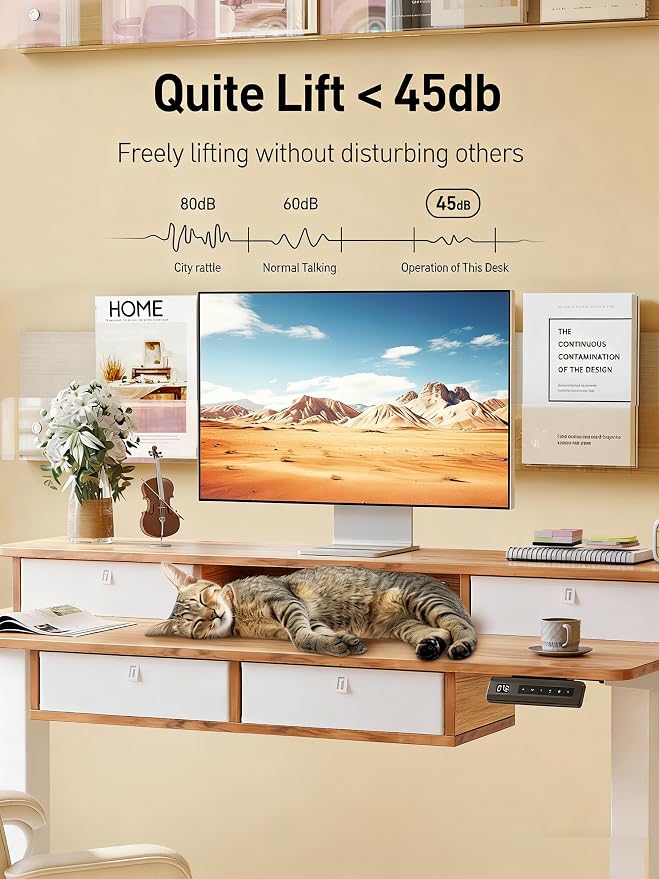CubiCubi 48" x 24" Standing Desk with Drawers, Height Adjustable Electric Workstation, Computer Sit Stand Up Table with Large Storage Shelf 4 Drawers and 2 Hooks, Light Rustic Brown