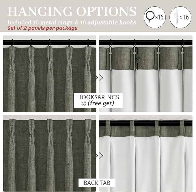 Lichen Grey Pinch Pleated 102 Inch Long Curtains 2 Panels Set for Dining Room, Farmhouse Full Black Out Thick Linen Two Layer Viral Curtain Thermal Energy Efficient Greenish Gray Window Drape 8-1/2 FT