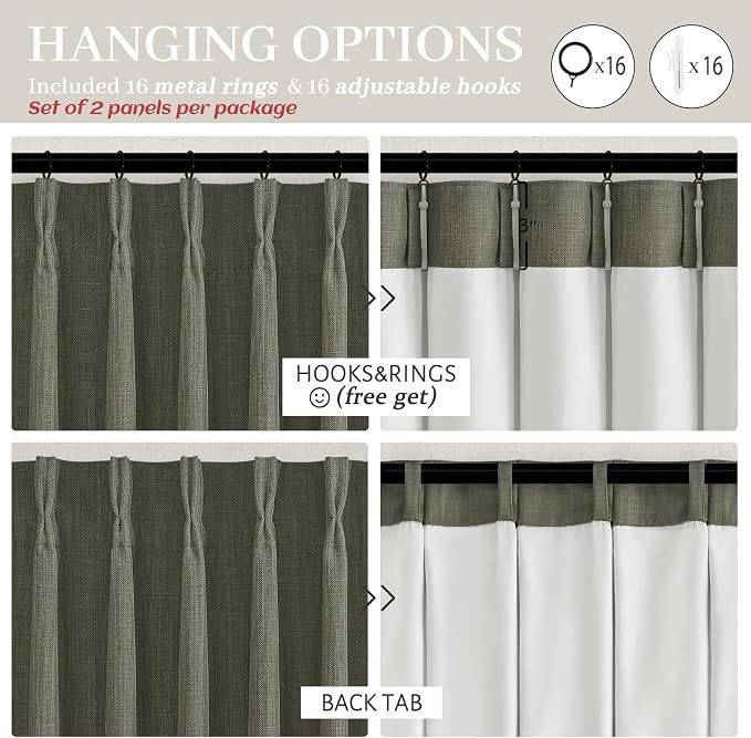 Greenish Grey Blackout Thick Linen Two Layer Office Curtains 92 Inches Long 2 Panels Set, Memory Trained Pinch Pleated Noise Reducing Heat Blocking Burlap Dining Room Rustic Window Drapes 40W x 92L