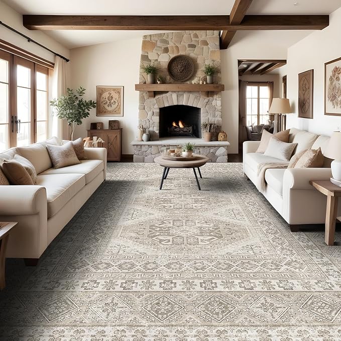 Large Rugs for Living Room: 10x14 Area Rugs Farmhouse Indoor Machine Washable Rug Non-Slip with Rubber Backed Oriental Carpets (Beige, 10x14)