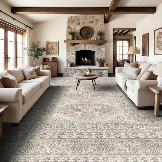 Large Rugs for Living Room: 10x14 Area Rugs Farmhouse Indoor Machine Washable Rug Non-Slip with Rubber Backed Oriental Carpets (Beige, 10x14)