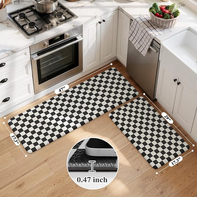 KIMODE Anti Fatigue Kitchen Mat for Floor, Checkered Kitchen Rugs Sets of 2 | Black and White Kitchen Floor Mats Non-Slip, Cushioned Standing Desk mat for Sink Laundry Office Dormitory RV 17"x47"+17"x29"