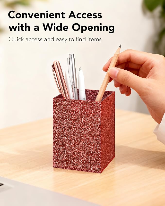 Acrylic Pen Holder Desk Organizer for Office, Red Glitter | Sparkling glitter acrylic makeup brush and pencil holder for desk, Modern desktop organizer for home, school and office