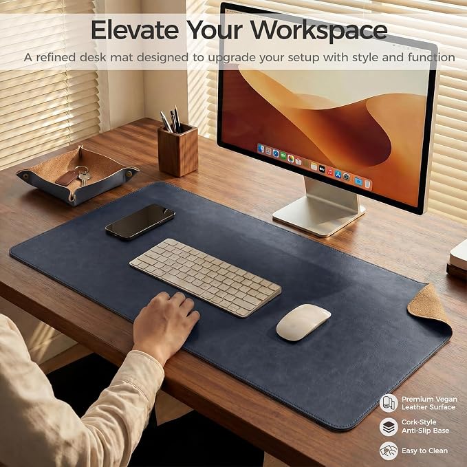 Premium Faux Leather Desk Mat & Tray Set，Innovative Cork-Look Printed Base，Gift Tube Packaging，Full-Desk Coverage，Non-Slip Desk Pad for Office Home（Navy Blue）