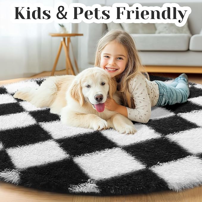 KICMOR Round Rugs 6ft for Bedroom Living Room, Black and White Fluffy Soft Circle Area Rug Fuzzy Shag Shaggy Carpet, Large Plush Checkered Circular Rug for Kids Room Nursery Home Decor Aesthetic
