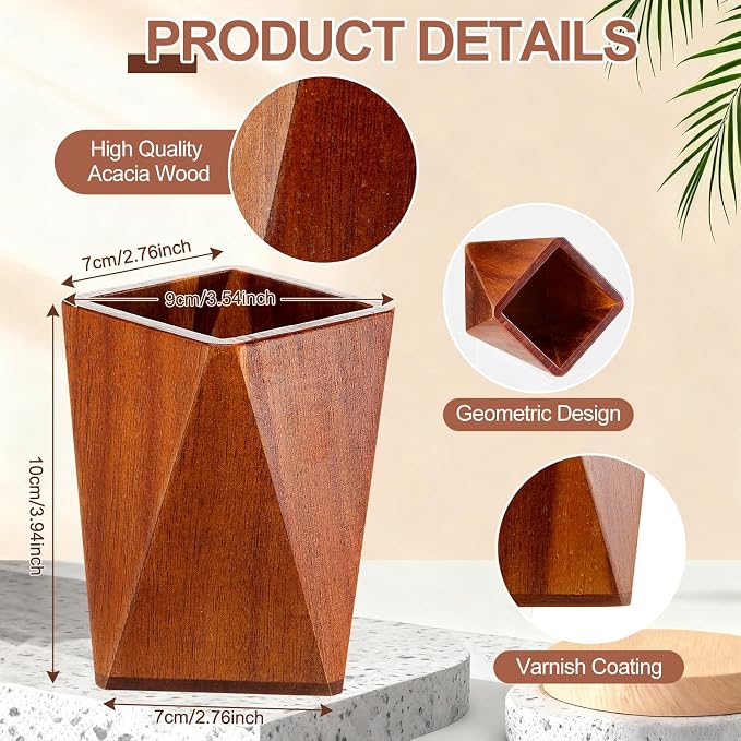 2 Pcs Wood Pen Pencil Holder Geometric Pencil Cup Stand Makeup Organizer for Pen Holder Desk Home Office Adults (Acacia Wood)