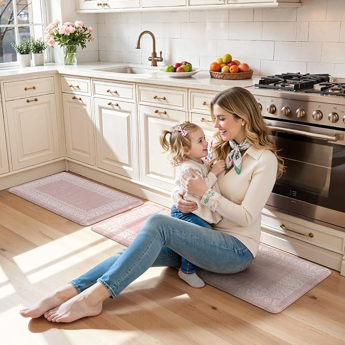LEEVAN Anti Fatigue Kitchen Mats for Floor, Cushioned Kitchen Mat Set 2PCS | 17.3"x29"+17.3"x47", Boho Floral Pink Kitchen Rugs Non-Slip, Waterproof Ergonomic Standing Mats for Laundry, Office & Sink
