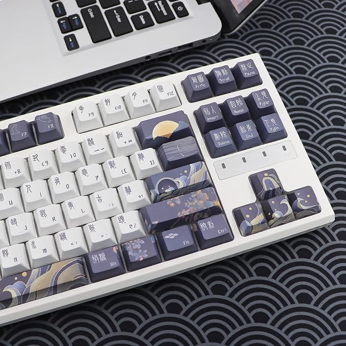 JSJT PBT Keycaps 136 Keys Cherry Profile Keycap Set Chang'e and Rabbit Themed Keycap Ancient Style Zang Blue Custom Key caps Suitable for Cherry MX Switches Mechanical Keyboards