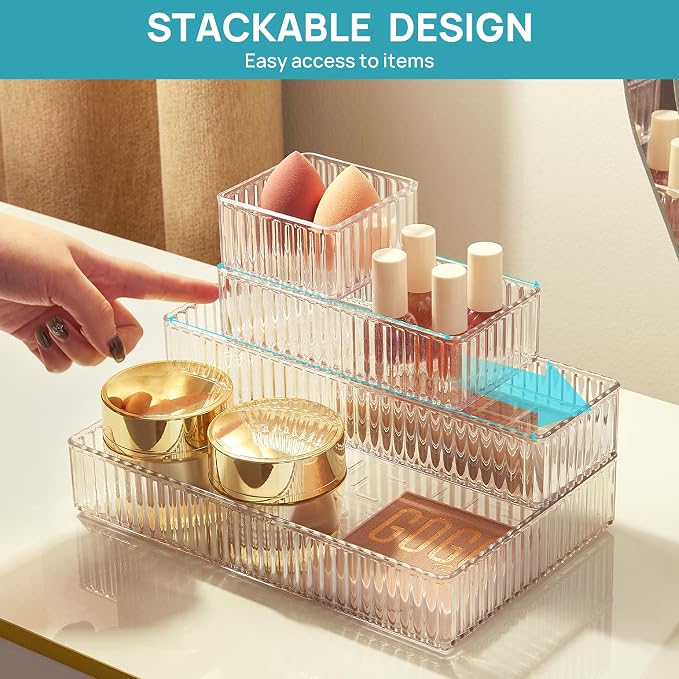 Vtopmart 7 PCS Clear Makeup Drawer Organizers Bins, 4-Size Stackable Makeup and Vanity Organizer Trays, Acrylic Bathroom Storage Containers for Cosmetic, Toiletries, Office Supply, Utensils, Gadgets | Vanity Organizer Trays for Makeup, Cosmetics, Jewel...