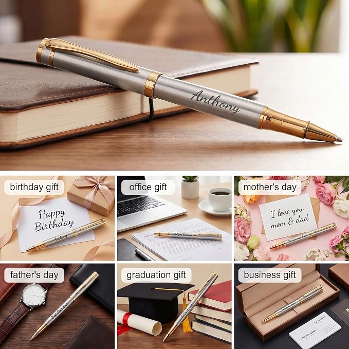 Ancolo Engraved Pens Luxury Roller Pens with 5 Gfit Box 10 extra Black Refills Metal Body Engraved with Your Message Personal Names Phone Number, Gift for Men Women