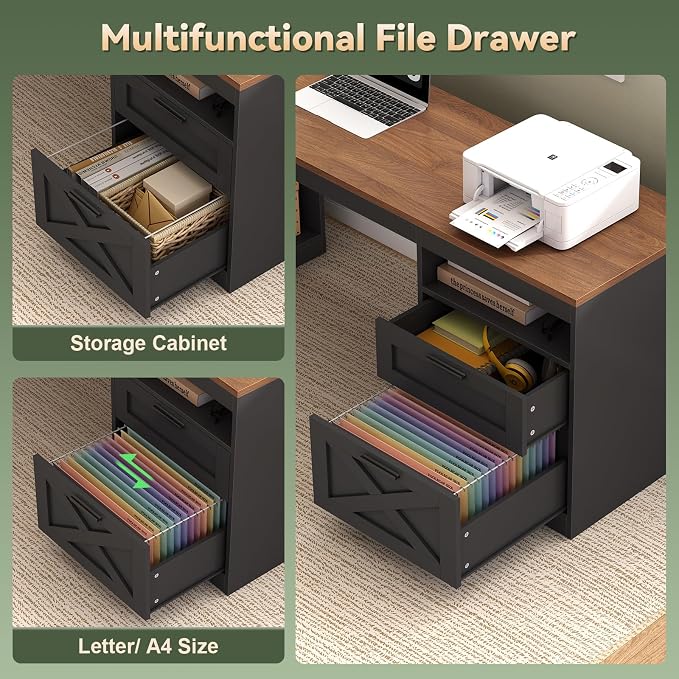 YOMILUVE Farmhouse L Shaped Standing Desk, 66 inch Corner Electric Standing Desk with Drawers ＆ Storage Shelves, Height Adjustable Computer Desk with Power Outlets for Home Office (Black and Brown) | Corner Electric Standing Desk with Drawers ＆ Storage...
