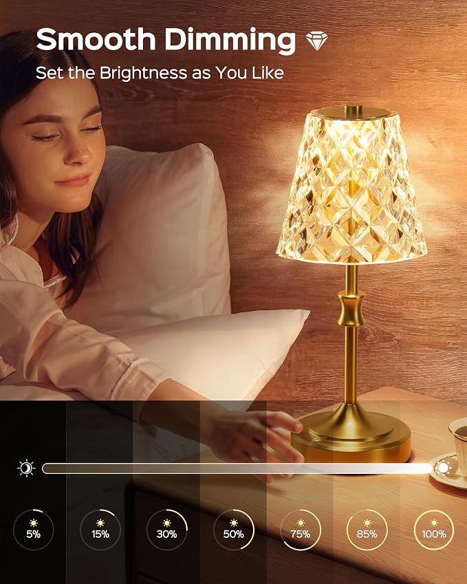 JACKYLED Cordless Lamp Rechargeable, Acrylic Crystal Lampshade, 3 Colors with Built-in Dimmer, 5000 Capactiy Power Operated Wireless Lamp for Kitchen Counter Bedroom Living Room