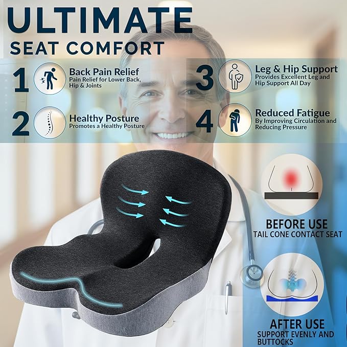 Memory Foam Seat Cushion for Truck Drivers, Office Chairs & Car Seats Back Support Sciatica Relief Pillow for Tailbone Ergonomic Pressure Relief Pad for Long Sitting & Driving