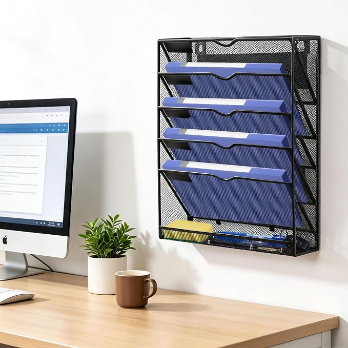 6-Tier Magnetic File Holder Hanging Magnetic File Folder Holder Organizer | Doule-Magnetic, Metal, No Assembly Required Magnetic Mail Paper Organizer for Refrigerator, Whiteboard