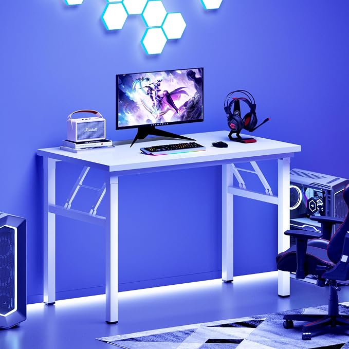 SogesHome No Assembly Folding Computer Desk, 31.5 Inch Small Compact Desk for Home Office, Modern Writing Table with Adjustable Leg Pads, Gaming Desk for Living Room, Dorm and Small Spaces, White