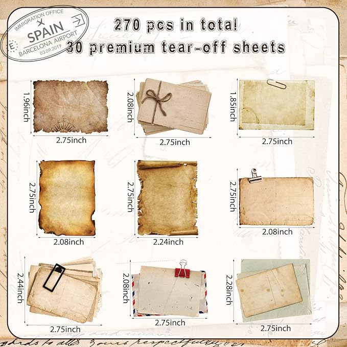 270 Sheets Vintage Sticky Note Pads Antique Looking Scrapbook Self Stick Notes Kraft Sticky Memos Classic Old Writing Memo Pads for Scrapbook, Planner, Journal, Retro Crafts Decoration