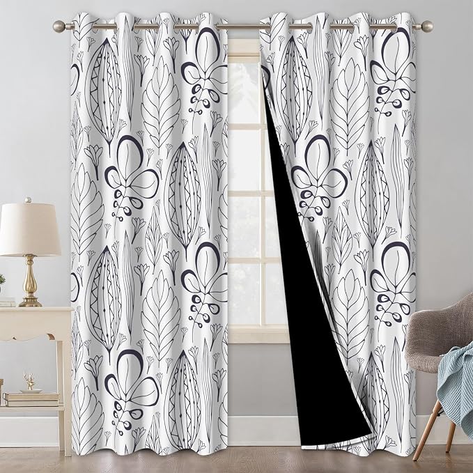 White and Brown Blackout Curtains 84 Inch Length 2 Panels Set, Printed Thermal Insulated Drapes Noise Reduction Room Darkening Grommet Blackout Curtains for Bedroom Living Room Window Treatments