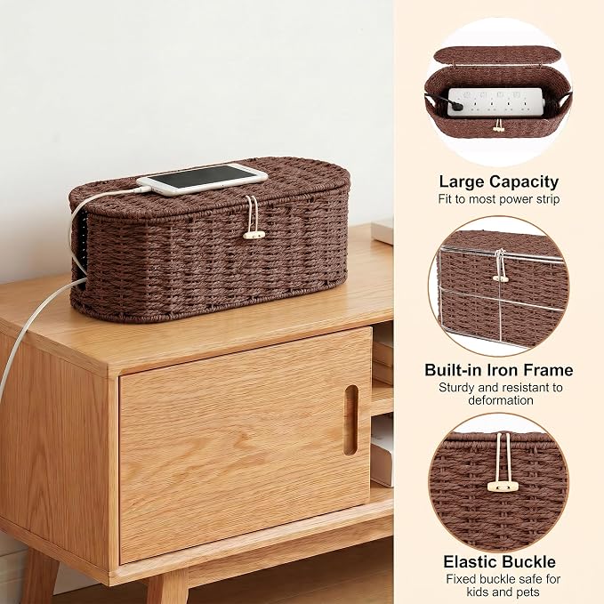 Set of 2 Cable Management Box, Handwoven Cord Hider Box with 3 Open Slots | Cable Organizer Box with Lockable Lid, Cord Storage Box to Hide Power Strip, Router, USB Hub, TV Wires for Home, Office