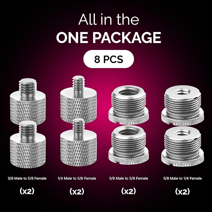 IXTECH Mic Stand Adapter Set 8 pc - Metal Tripod Adapters Female-Male 5/8-3/8, 3/8-5/8, 5/8-1/4, 1/4-5/8 ADP02 Silver