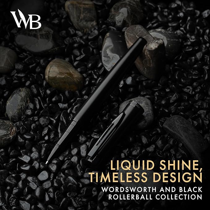 Wordsworth and Black Rollerball Pen - Luxury Pen - All Black Lacquer Finish, Ink Refill, Refillable Gift for Men & Women, Professional Writing, Nice and Fancy Pens and for Work
