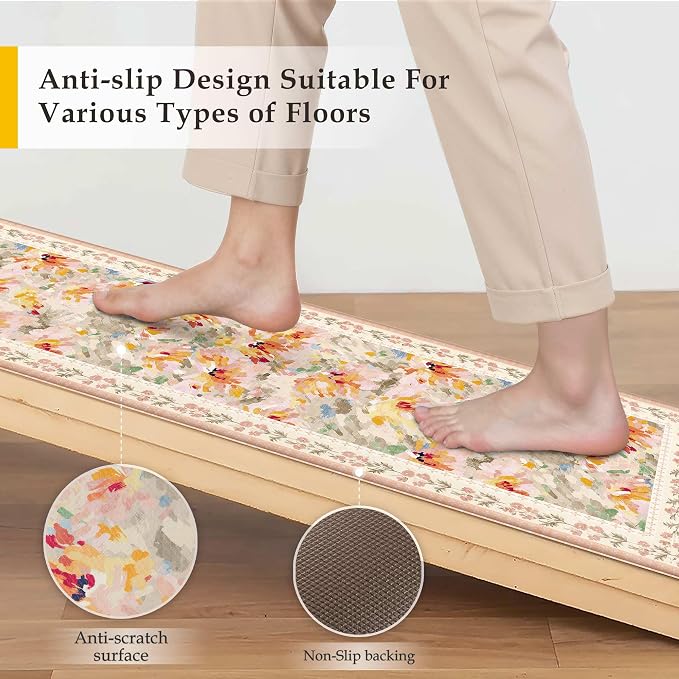 Anti Fatigue Kitchen Mats 2PCS Thick Non Slip Cushioned Rugs Beige Abstract Floral Waterproof Comfort Standing Mats for Floor Sink Laundry Office 17.3"×59"+17.3"×30"