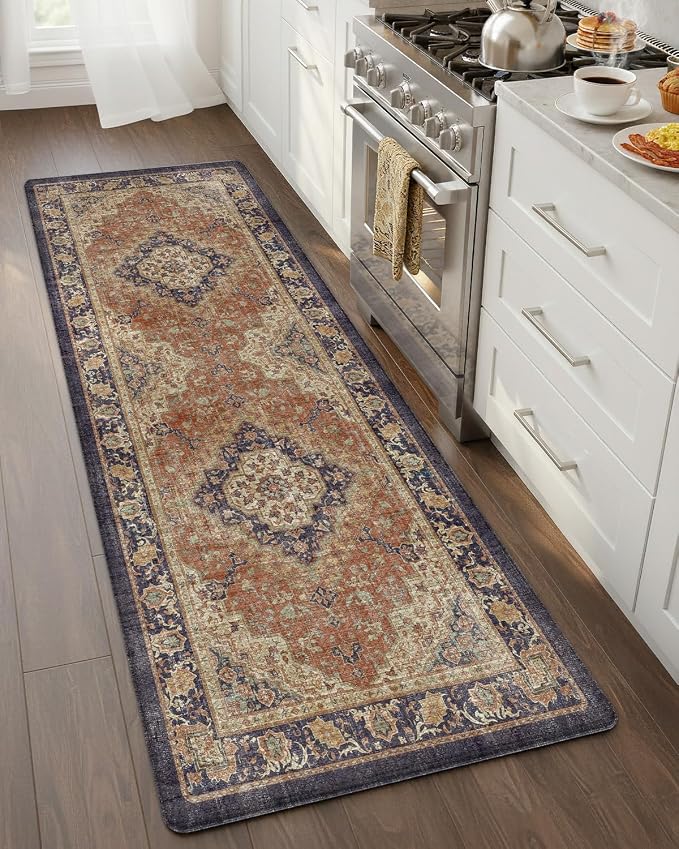 Color&Geometry Kitchen Mat 24x59 Faded Vintage Anti Fatigue, Warm Coral | 0.4in Cushion Standing Mat For Cooking/Working/Laundry, Boho Decor, Non Slip PVC Kitchen Rug, Oil/Water Proof, Anti Slip