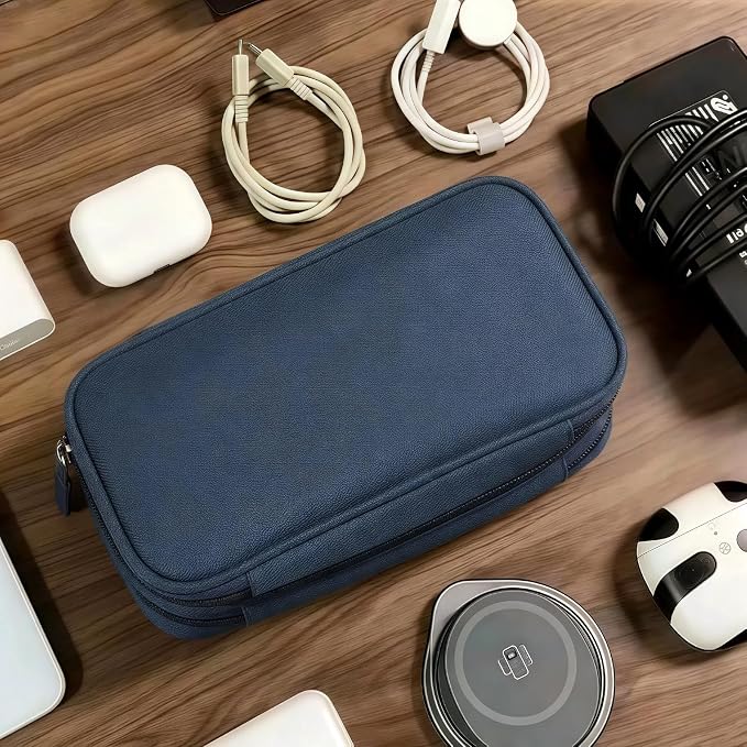 Portable Waterproof Double Layers All-in-One Storage Bag, Travel Cord Organizer，Electronics Accessories Organizer Pouch Bag for Accessories,Charger, USB Cable, Gadget (navy blue)