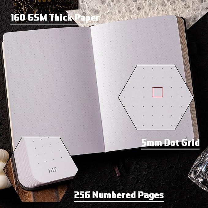 TIEFOSSI Dotted Journal Notebook, 160gsm 256 Numbered Thick Paper, A5 Hardcover Dotted Grid Diary for Women Men Work Writing, Journaling, Drawing, 5.8 x 8.3 in
