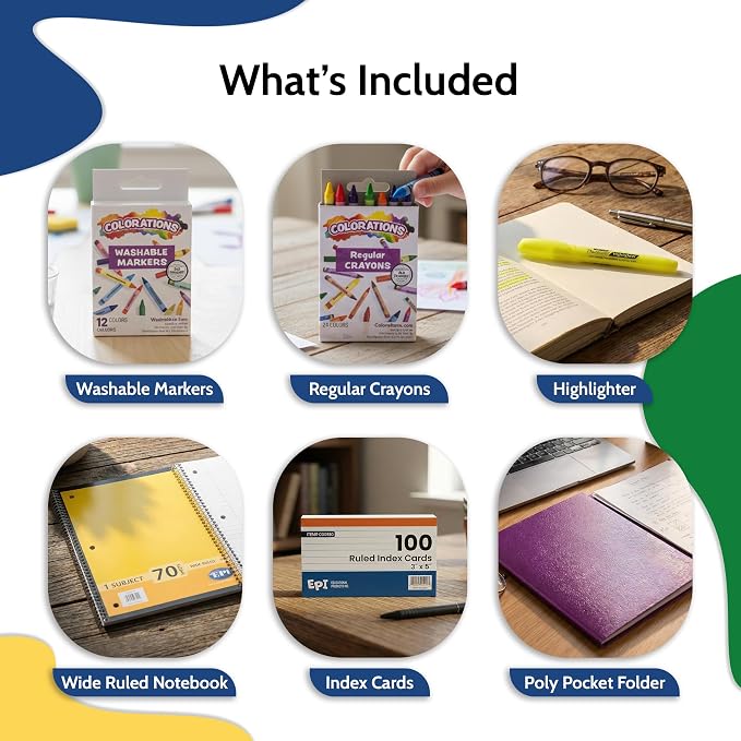 EPI Essentials Back to School Supplies for Kids 2nd & 3rd Grade – 71 Items in Kit – Elementary School Supply Packs – Wide-Ruled Bundle with Composition Notebooks – Suitable for Homeschooling