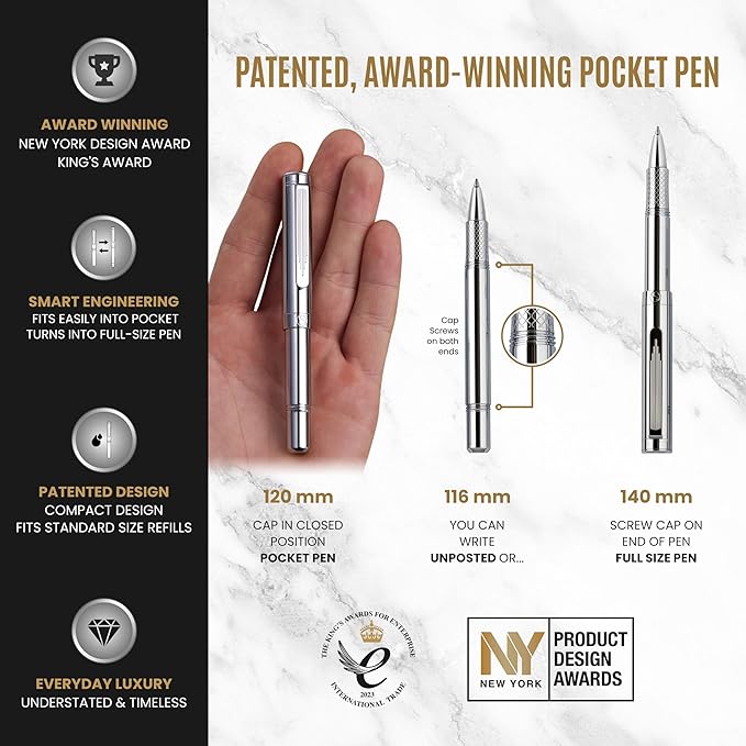 Scriveiner Silver Chrome Rollerball, Award Winning Luxury Pen, Heavy Pocket Pen with Chrome Finish, bundle with Rollerball Refill Black Medium - 4 Rollerball Refills in one box