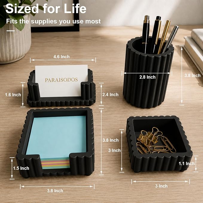 Concrete Desk Organizer Set of 4, Modern Desk Accessories, Black | Pen holder, Sticky note holder, Paper clip tray, Business card holder, Soft anti-slip pads, For home and office use