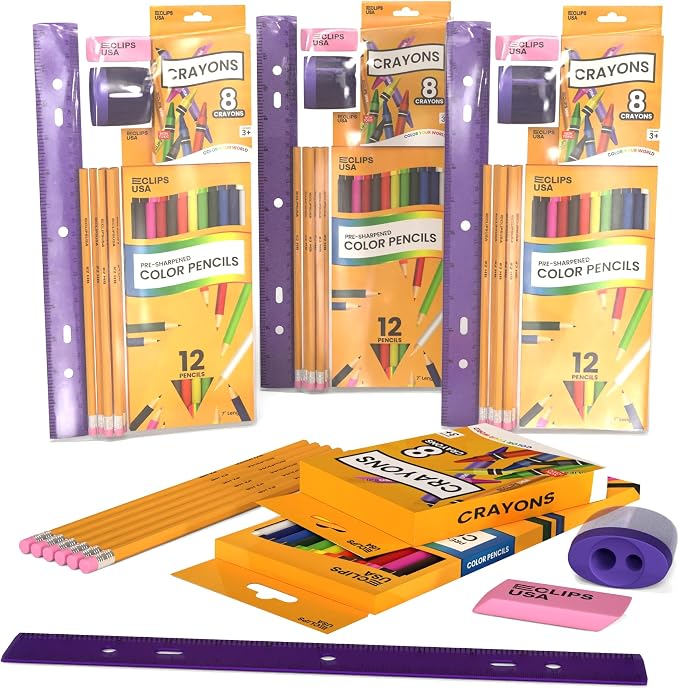E-CLIPS USA Back to School Supplies Kit for kids, School Supplies Set, school Supply Kit, Colored Pencils For Kids, Color Pencil Set, Crayons Bulk for Classroom, Wooden Pencil #2 (3)