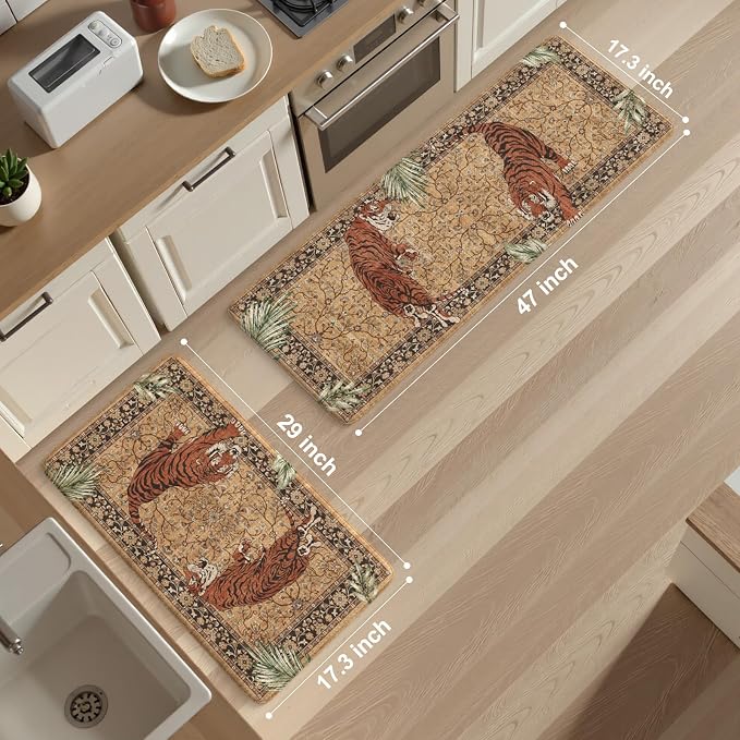 KIMODE Kitchen Mats for Floor Anti Fatigue 17"x47"+17"x29", Farmhouse Tiger Kitchen Rugs Sets of 2, Tan Rugs for Kitchen Floor, Memory Foam Standing Mats for Laundry Office Sink Desk