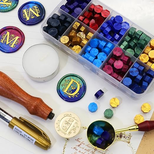 SWANGSA Initial Alphabet D Wax Seal Stamp Kit, Classic Retro Letter Sealing Stamp with 200pcs Sealing Wax Beads Kit for Wedding Invitations Cards Envelopes (D)