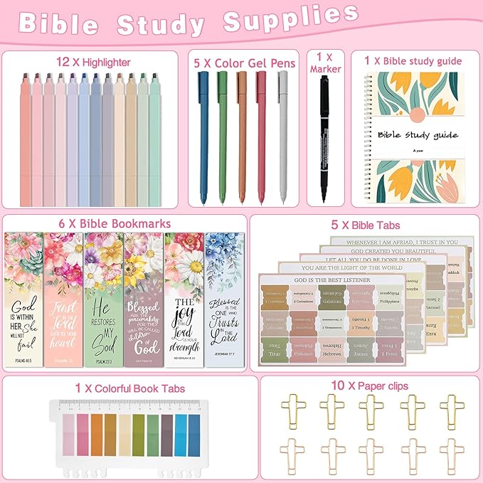 Bible Study Supplies & Journaling Kit for Women with Highlighters & Pens,Tabs for Women, Sticky Notes, Bookmarks & Cross Clips – Bible Annotation Kit for Scripture Study(41pcs)