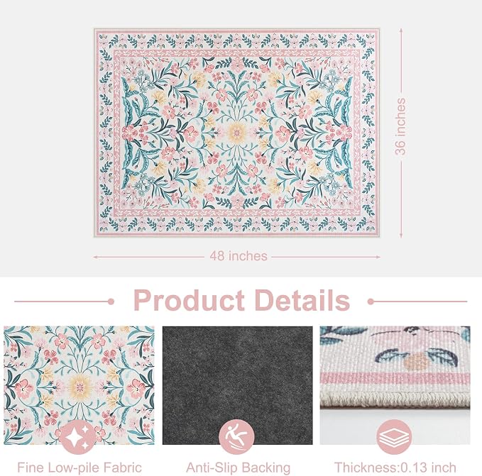 Anidaroel 36"x48" Office Chair Mat for Hardwood Floor, Boho Floral Floor Mat for Office Chair, Anti-Slip Desk Rug for Office, Low Pile Desk Chair Mats for Hardwood, Blush Pink Small Office Rug