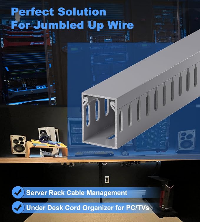 1.6"H x 1.2"W Cable Raceway, 99in Under Desk Wire Management Channel, Grey | Slotted Wire Duct, 6Pack, 16.5in Each, Heavy-Duty PVC Cable Management for Server Racks, Network Cables & Electrical Cabinets