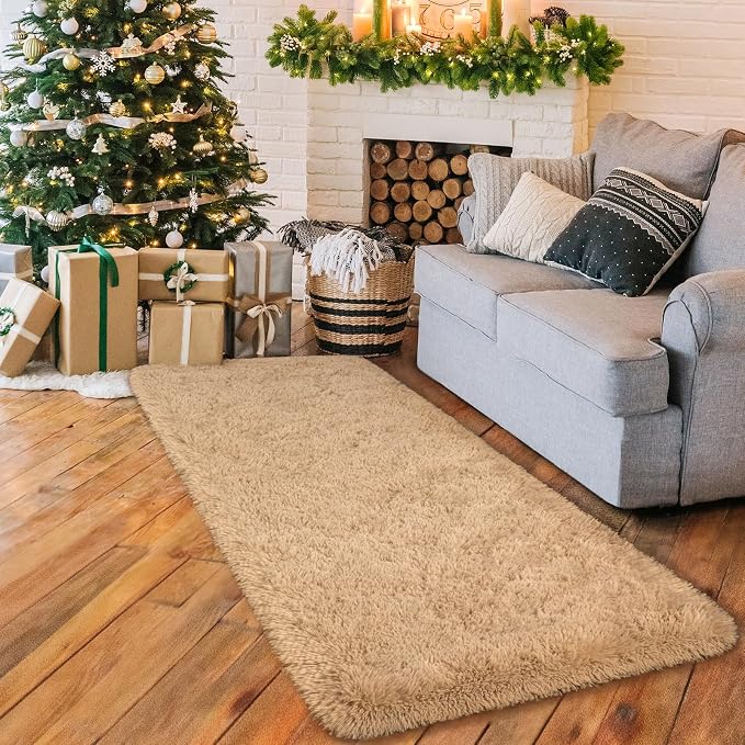 HOMORE 2x6 Runner Rugs for Bedroom, Light Tan Runner Rug for Hallway Entryway Laundry, Modern Shag Bedroom Runner Cute Carpets for Kids Dorm Bedside