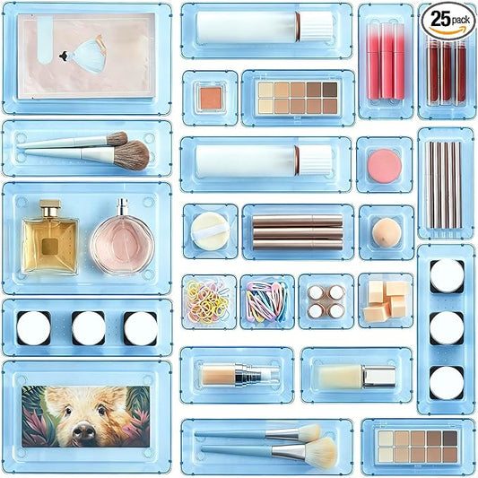 Vtopmart 25 PCS Plastic Drawer Organizers Set, 4-Size Versatile Bathroom and Vanity Drawer Organizer Trays, Storage Bins for Makeup, Bedroom, Kitchen Gadgets Utensils and Office