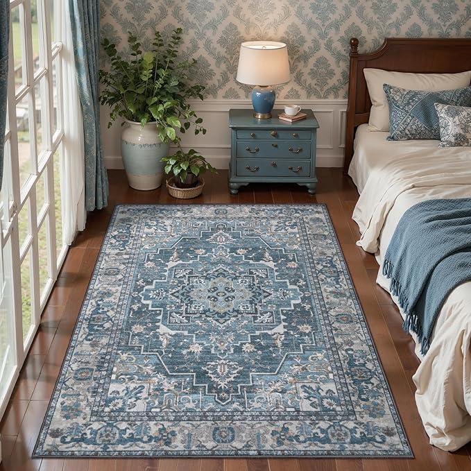 Tangsoo Vintage 3x5 Washable Rug Indoor Area Rugs, Farmhouse Non Slip Accent Rug Carpet, Oriental Boho Soft Low Pile Rugs for Living Room Dorm Bedroom Bedside Entryway Dining Room Blue Gray