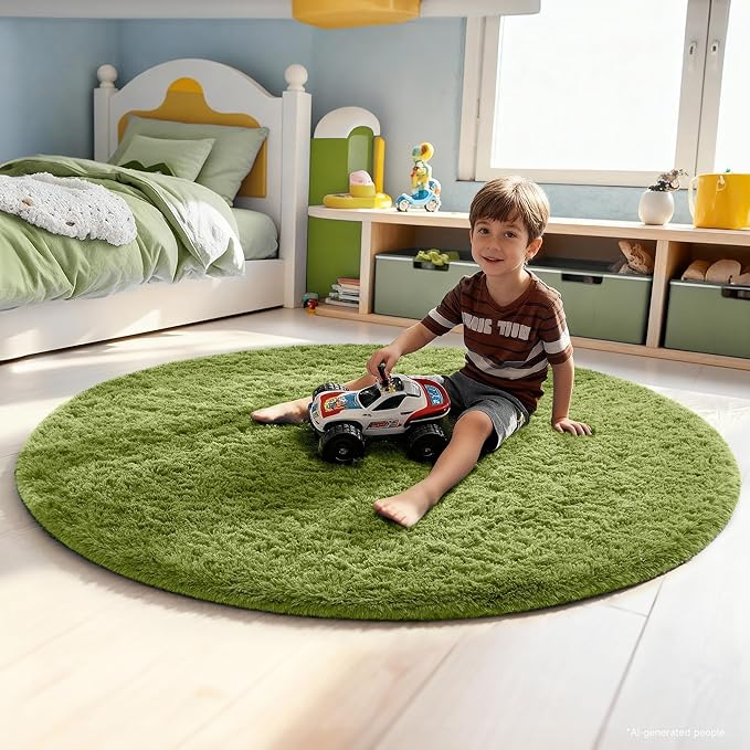 Ophanie Round Rug 5Ft Green Circle Area Rug, Green Room Decor, Fluffy Fuzzy Bedroom Carpet, Plush Soft Shaggy Living Room Rugs for Kids Home Decor Aesthetic, Nursery with Over 99 pcs Pile fibers
