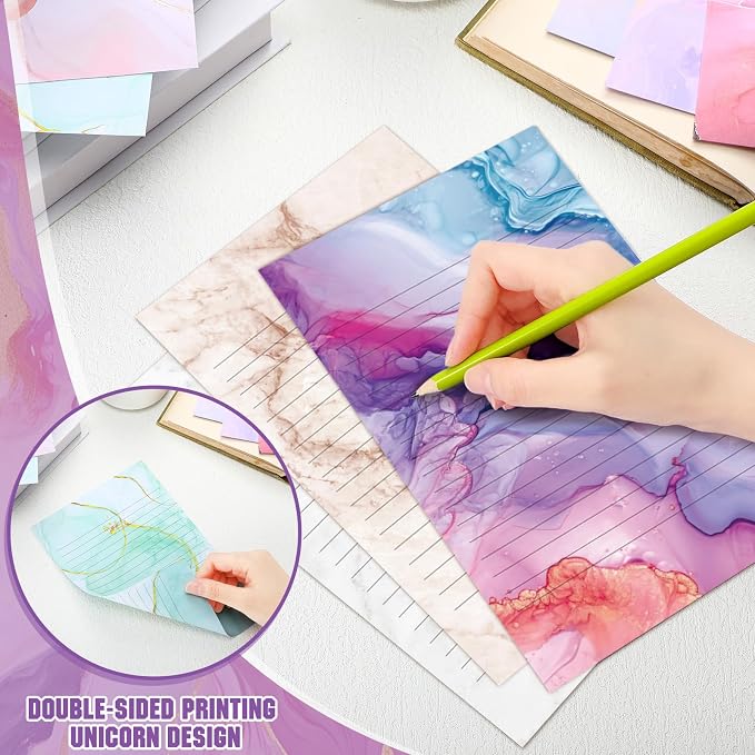 TaoBary 160 Pcs Stationery Paper Set 50 Double Sided Stationery Papers with 50 Matching Envelopes and 60 Round Dot Sticker, 10 Design(Marble,5.5 x 8.25 Inch)
