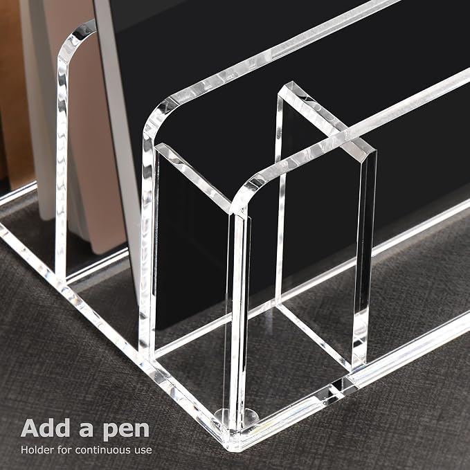 SANRUI Acrylic Mail Sorter Desktop Organizer with Pen Holder, 5 Compartments Clear Small File Script Letter Document Storage for Desk Bill Filling Envelope Holder Office, Home, School Organization