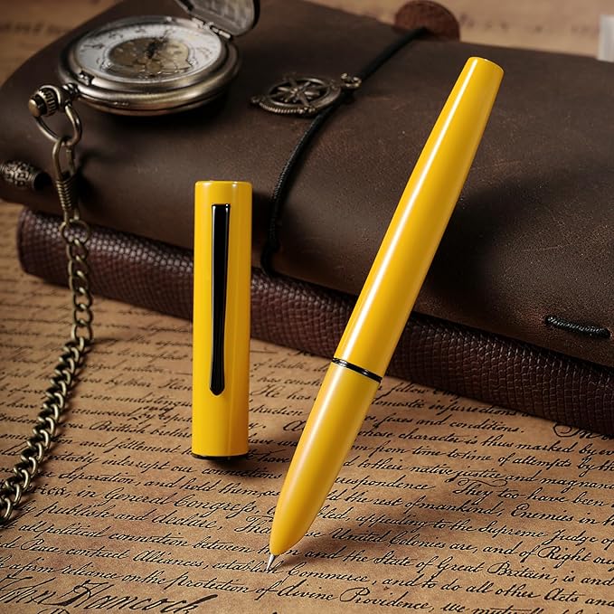 HONG DIAN C1 Fountain Pen Extra Fine Nib, Lemon Yellow & Classic Retro Design Metal Pen with Ink Converter