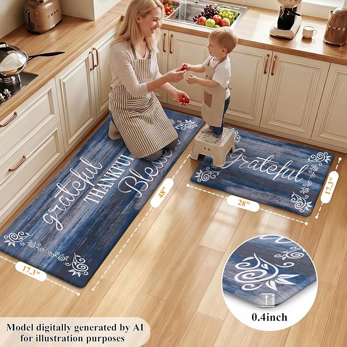 HEBE Anti Fatigue Kitchen Rugs Set of 2, Non Slip Cushioned Kitchen Mats for Floor, Waterproof Farmhouse Kitchen Carpet Set Comfort Standing Desk Mat for Sink,Office,Laundry