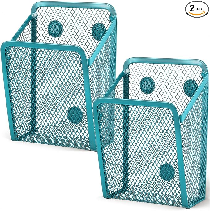 Fuutreo 2 Pcs Large Magnetic Pencil Holder Mesh Stainless Steel Pen Basket Magnetic Pen Cups Storage Organizer for Fridge Whiteboard Blackboard Kitchen Refrigerator Locker Home Office School(Blue)