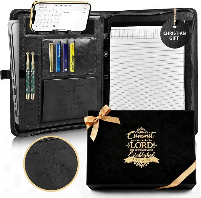 Leather Portfolio for Men and Women – Business Binder Portfolio, Professional Organizer for Men and Women, Christian Gifts, Laptop & iPad Case, Bible Notepad Holder (Black) | Christian Leather Portfolio for Men