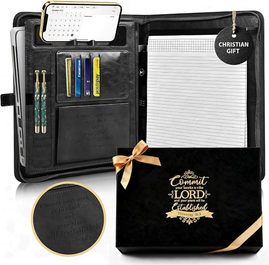 Leather Portfolio for Men and Women – Business Binder Portfolio, Professional Organizer for Men and Women, Christian Gifts, Laptop & iPad Case, Bible Notepad Holder (Black) | Christian Leather Portfolio for Men