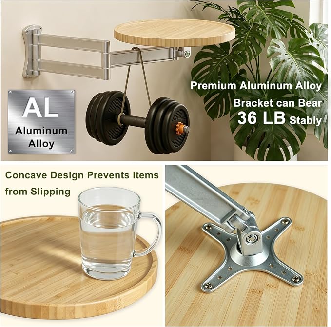 Wall Mounted Folding Table,Retractable Small Bamboo Drop Down Floating Wall Desk,11.8" Round Wood Tabletop with Aluminum Alloy Brackets,Bedside Wall Shelf Drop Top Desk,Fold Down Nightstand