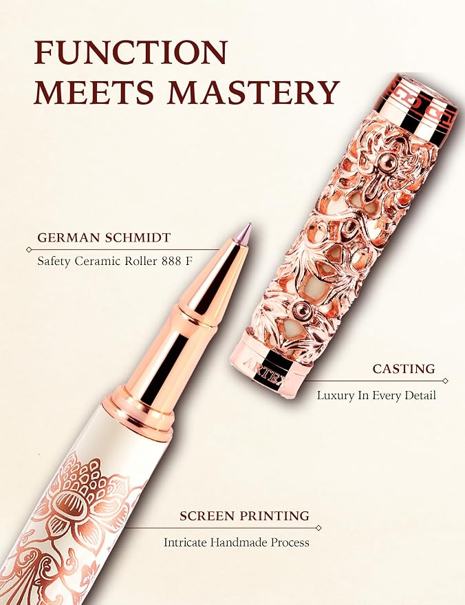 Executive Rollerball Pen Sets With Stand-Museum Collections-Crafting Timeless Beauty-Luxury Pen Gift & Office Desk Decor, German SCHMIDT refill, Solid Metal & Marble Texture (Ivory & Rosegold Pen)